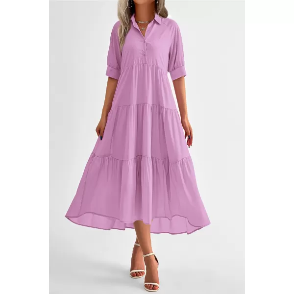 imagePRETTYGARDEN Summer Dress for Women Short Sleeve Button Up Ruffle A Line Flowy Maxi DressesSolid Purple