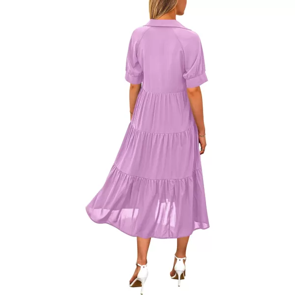 imagePRETTYGARDEN Summer Dress for Women Short Sleeve Button Up Ruffle A Line Flowy Maxi DressesSolid Purple