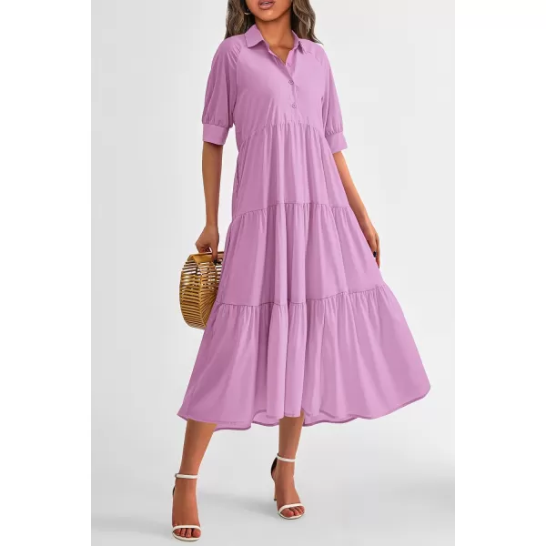 imagePRETTYGARDEN Summer Dress for Women Short Sleeve Button Up Ruffle A Line Flowy Maxi DressesSolid Purple