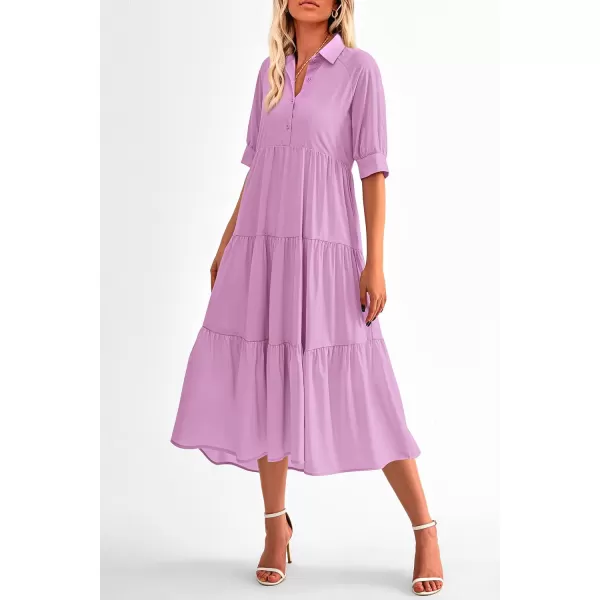 imagePRETTYGARDEN Summer Dress for Women Short Sleeve Button Up Ruffle A Line Flowy Maxi DressesSolid Purple