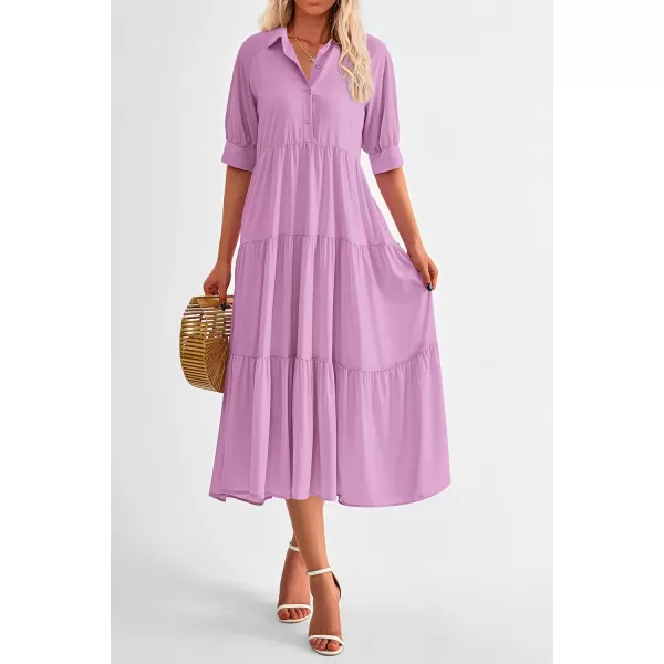 imagePRETTYGARDEN Summer Dress for Women Short Sleeve Button Up Ruffle A Line Flowy Maxi DressesSolid Purple