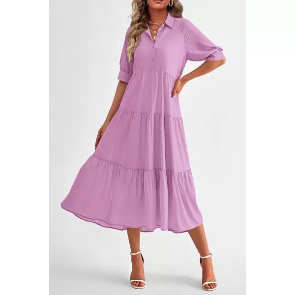 imagePRETTYGARDEN Summer Dress for Women Short Sleeve Button Up Ruffle A Line Flowy Maxi DressesSolid Purple