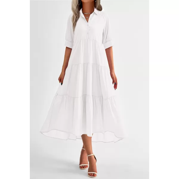 imagePRETTYGARDEN Summer Dress for Women Short Sleeve Button Up Ruffle A Line Flowy Maxi DressesSolid White