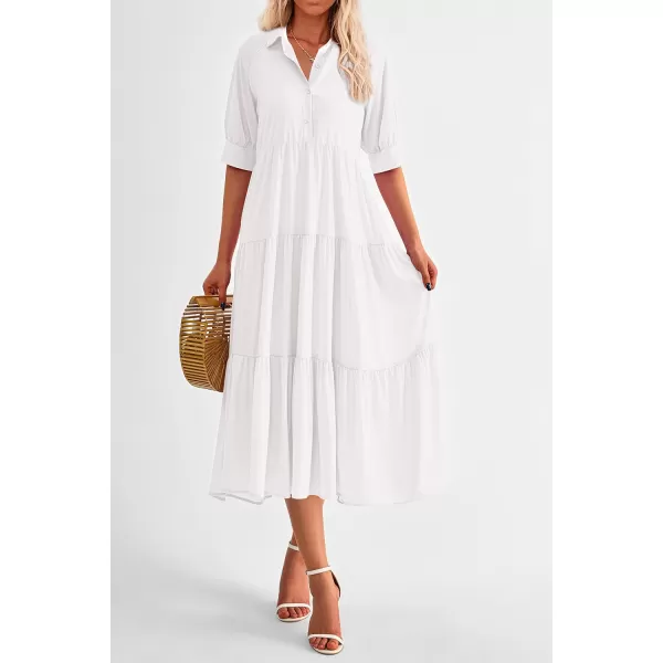 imagePRETTYGARDEN Summer Dress for Women Short Sleeve Button Up Ruffle A Line Flowy Maxi DressesSolid White
