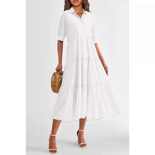 imagePRETTYGARDEN Summer Dress for Women Short Sleeve Button Up Ruffle A Line Flowy Maxi DressesSolid White