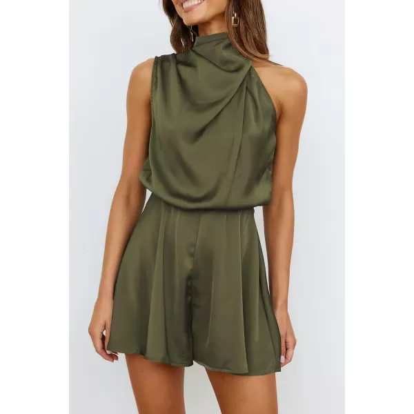 imagePRETTYGARDEN Summer Romper For Women One Piece Satin Outfits Casual Mock Neck Beach Party Short JumpsuitsArmy Green