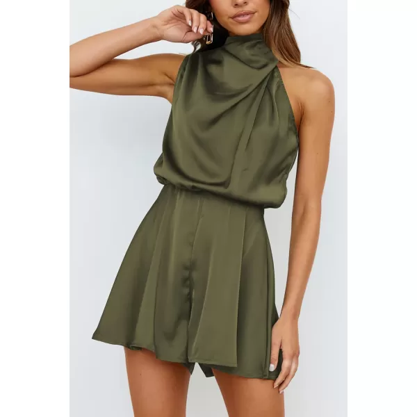 imagePRETTYGARDEN Summer Romper For Women One Piece Satin Outfits Casual Mock Neck Beach Party Short JumpsuitsArmy Green
