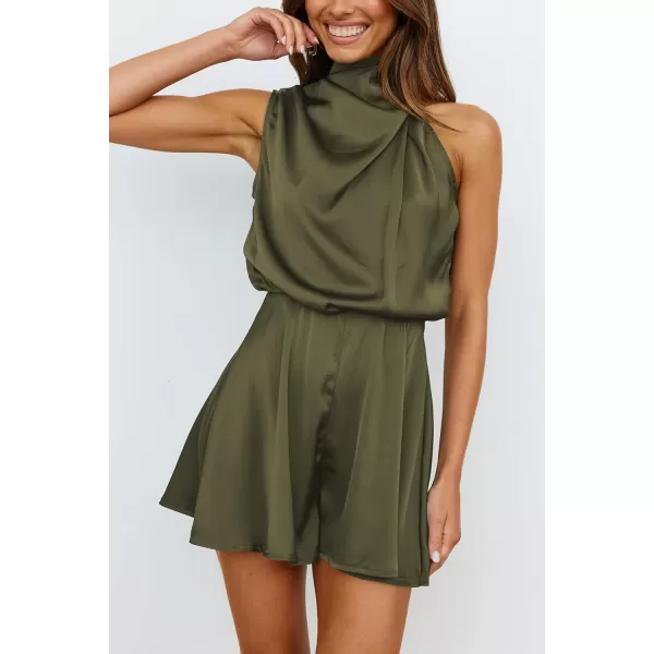 imagePRETTYGARDEN Summer Romper For Women One Piece Satin Outfits Casual Mock Neck Beach Party Short JumpsuitsArmy Green