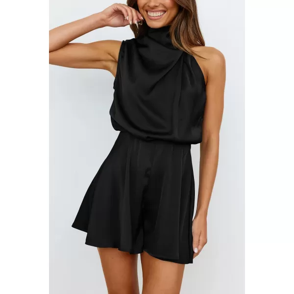 imagePRETTYGARDEN Summer Romper For Women One Piece Satin Outfits Casual Mock Neck Beach Party Short JumpsuitsBlack