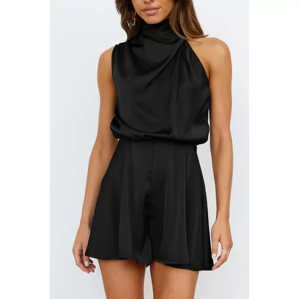 imagePRETTYGARDEN Summer Romper For Women One Piece Satin Outfits Casual Mock Neck Beach Party Short JumpsuitsBlack