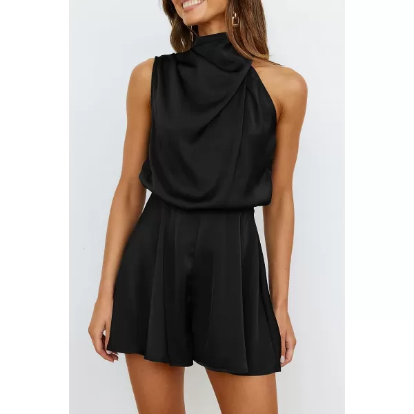 imagePRETTYGARDEN Summer Romper For Women One Piece Satin Outfits Casual Mock Neck Beach Party Short JumpsuitsBlack