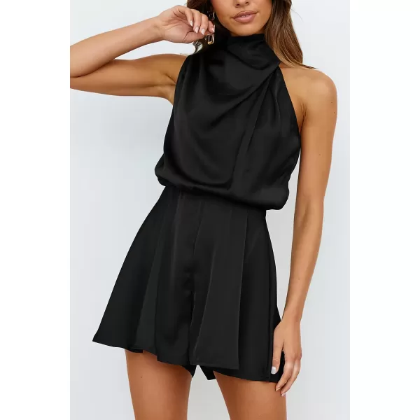 imagePRETTYGARDEN Summer Romper For Women One Piece Satin Outfits Casual Mock Neck Beach Party Short JumpsuitsBlack