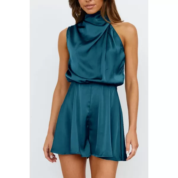 imagePRETTYGARDEN Summer Romper For Women One Piece Satin Outfits Casual Mock Neck Beach Party Short JumpsuitsBlue Green