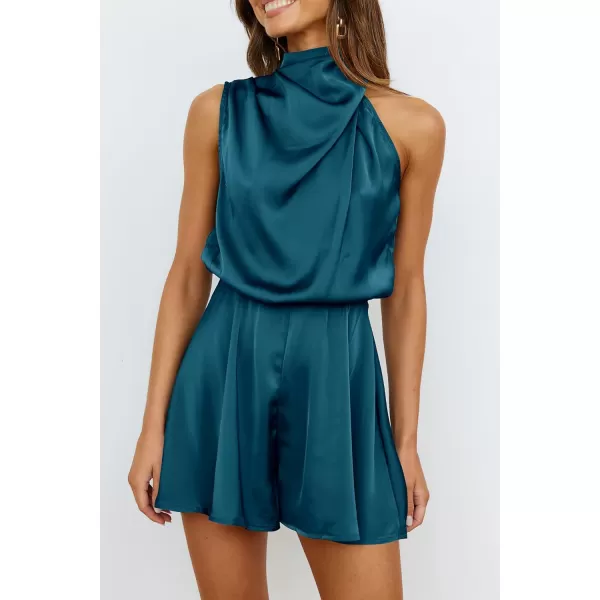 imagePRETTYGARDEN Summer Romper For Women One Piece Satin Outfits Casual Mock Neck Beach Party Short JumpsuitsBlue Green