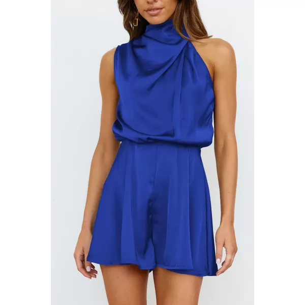 imagePRETTYGARDEN Summer Romper For Women One Piece Satin Outfits Casual Mock Neck Beach Party Short JumpsuitsBrilliant Blue