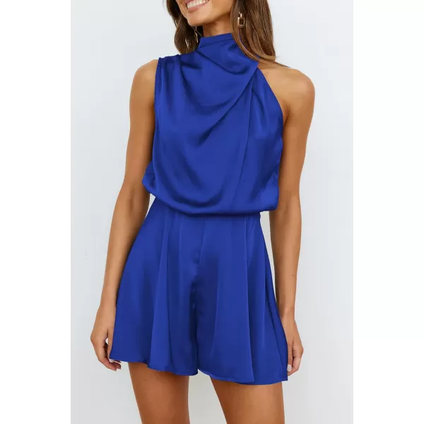 imagePRETTYGARDEN Summer Romper For Women One Piece Satin Outfits Casual Mock Neck Beach Party Short JumpsuitsBrilliant Blue
