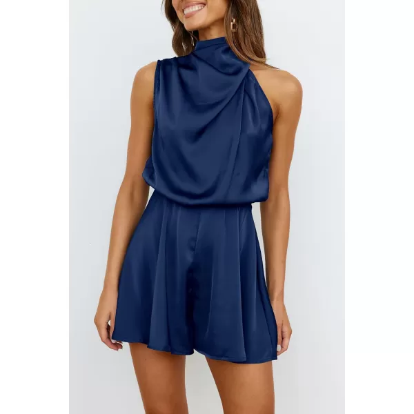 imagePRETTYGARDEN Summer Romper For Women One Piece Satin Outfits Casual Mock Neck Beach Party Short JumpsuitsDark Blue