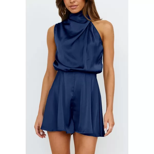 imagePRETTYGARDEN Summer Romper For Women One Piece Satin Outfits Casual Mock Neck Beach Party Short JumpsuitsDark Blue