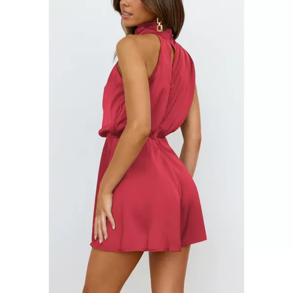 imagePRETTYGARDEN Summer Romper For Women One Piece Satin Outfits Casual Mock Neck Beach Party Short JumpsuitsRed