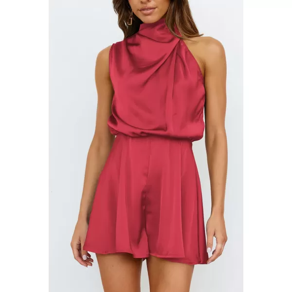 imagePRETTYGARDEN Summer Romper For Women One Piece Satin Outfits Casual Mock Neck Beach Party Short JumpsuitsRed