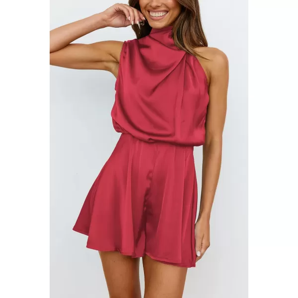 imagePRETTYGARDEN Summer Romper For Women One Piece Satin Outfits Casual Mock Neck Beach Party Short JumpsuitsRed