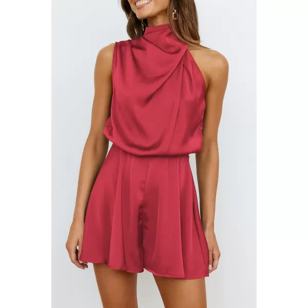imagePRETTYGARDEN Summer Romper For Women One Piece Satin Outfits Casual Mock Neck Beach Party Short JumpsuitsRed