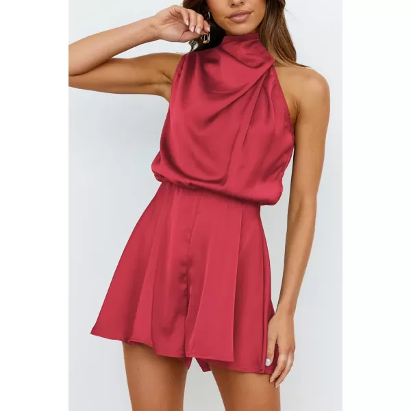 imagePRETTYGARDEN Summer Romper For Women One Piece Satin Outfits Casual Mock Neck Beach Party Short JumpsuitsRed