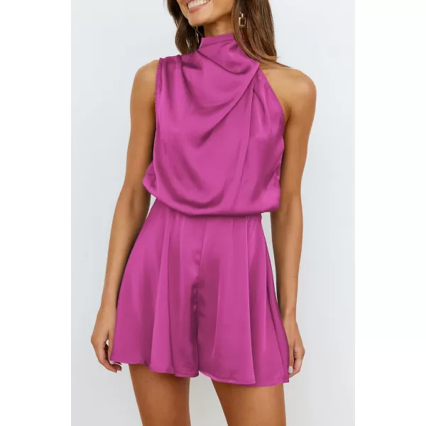 imagePRETTYGARDEN Summer Romper For Women One Piece Satin Outfits Casual Mock Neck Beach Party Short JumpsuitsRose Red