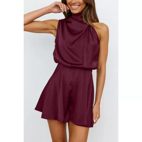 imagePRETTYGARDEN Summer Romper For Women One Piece Satin Outfits Casual Mock Neck Beach Party Short JumpsuitsWine Red