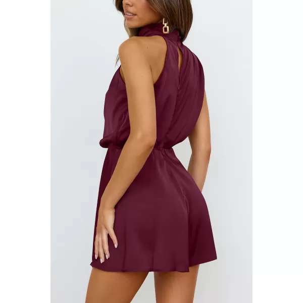 imagePRETTYGARDEN Summer Romper For Women One Piece Satin Outfits Casual Mock Neck Beach Party Short JumpsuitsWine Red