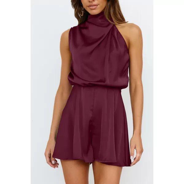 imagePRETTYGARDEN Summer Romper For Women One Piece Satin Outfits Casual Mock Neck Beach Party Short JumpsuitsWine Red