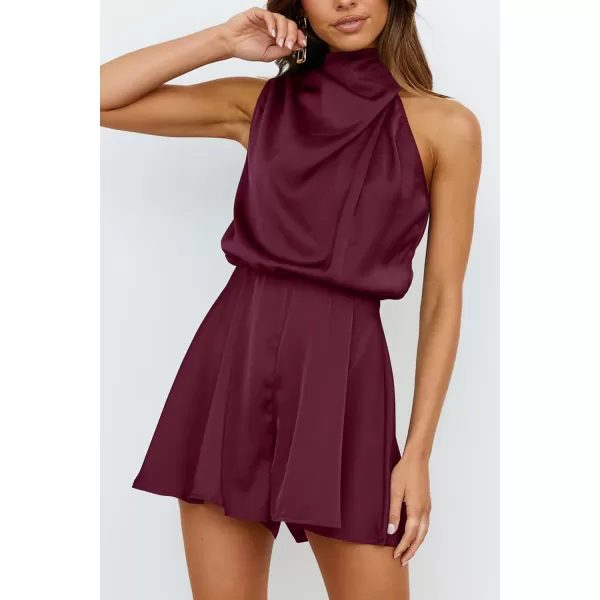 imagePRETTYGARDEN Summer Romper For Women One Piece Satin Outfits Casual Mock Neck Beach Party Short JumpsuitsWine Red