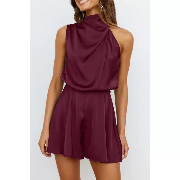 imagePRETTYGARDEN Summer Romper For Women One Piece Satin Outfits Casual Mock Neck Beach Party Short JumpsuitsWine Red