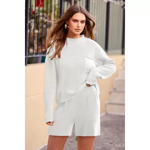 imagePRETTYGARDEN Women 2 Piece Knit Sweater Outfit Long Sleeve Pullover Top Wide Leg Shorts Loungewear Sweatsuits SetBeige White