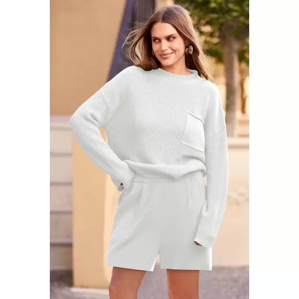 imagePRETTYGARDEN Women 2 Piece Knit Sweater Outfit Long Sleeve Pullover Top Wide Leg Shorts Loungewear Sweatsuits SetBeige White
