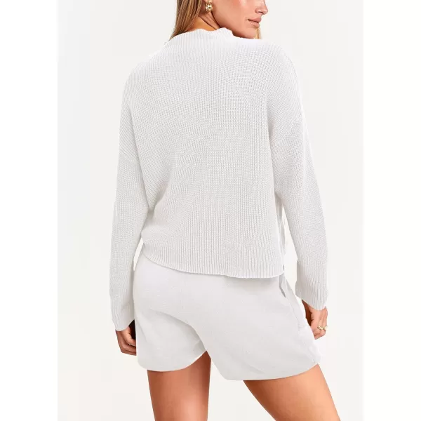 imagePRETTYGARDEN Women 2 Piece Knit Sweater Outfit Long Sleeve Pullover Top Wide Leg Shorts Loungewear Sweatsuits SetBeige White