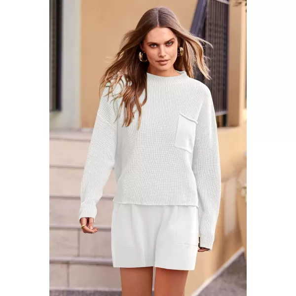 imagePRETTYGARDEN Women 2 Piece Knit Sweater Outfit Long Sleeve Pullover Top Wide Leg Shorts Loungewear Sweatsuits SetBeige White