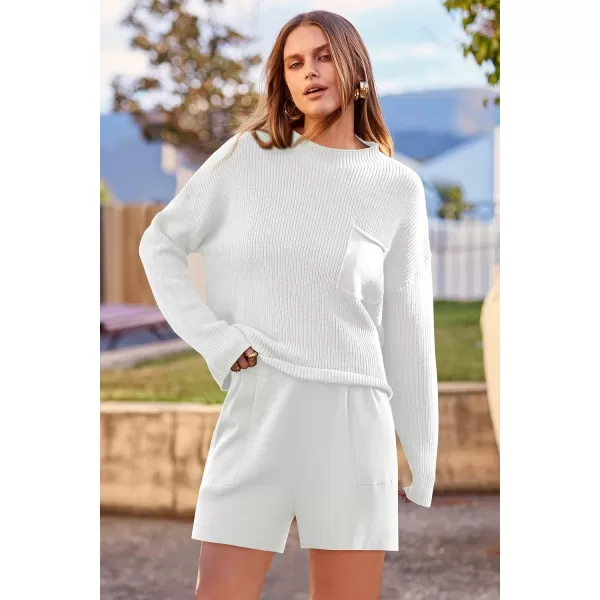 imagePRETTYGARDEN Women 2 Piece Knit Sweater Outfit Long Sleeve Pullover Top Wide Leg Shorts Loungewear Sweatsuits SetBeige White