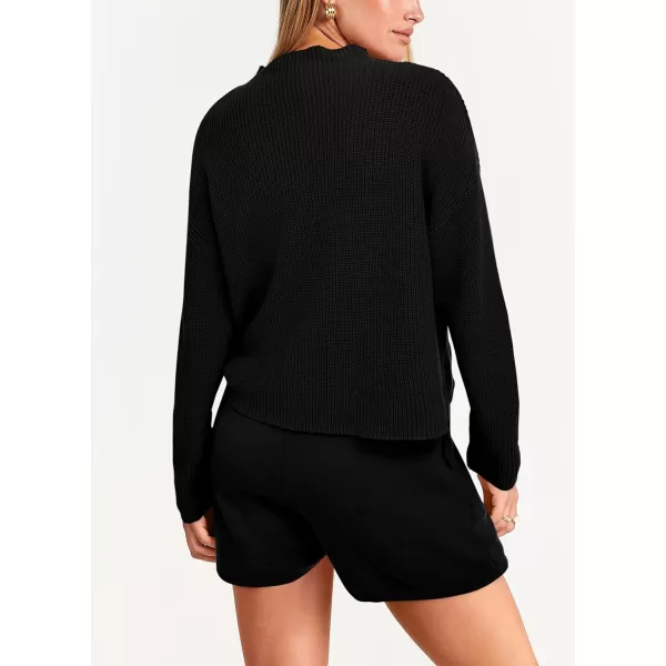 imagePRETTYGARDEN Women 2 Piece Knit Sweater Outfit Long Sleeve Pullover Top Wide Leg Shorts Loungewear Sweatsuits SetBlack