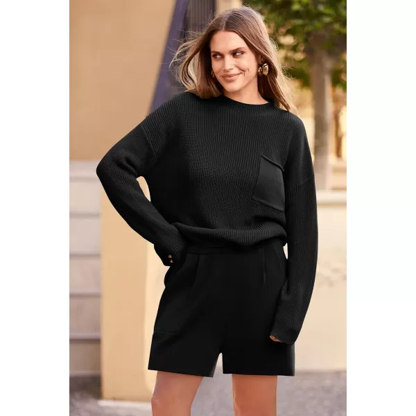 imagePRETTYGARDEN Women 2 Piece Knit Sweater Outfit Long Sleeve Pullover Top Wide Leg Shorts Loungewear Sweatsuits SetBlack