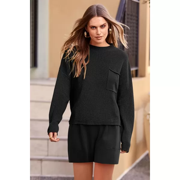 imagePRETTYGARDEN Women 2 Piece Knit Sweater Outfit Long Sleeve Pullover Top Wide Leg Shorts Loungewear Sweatsuits SetBlack