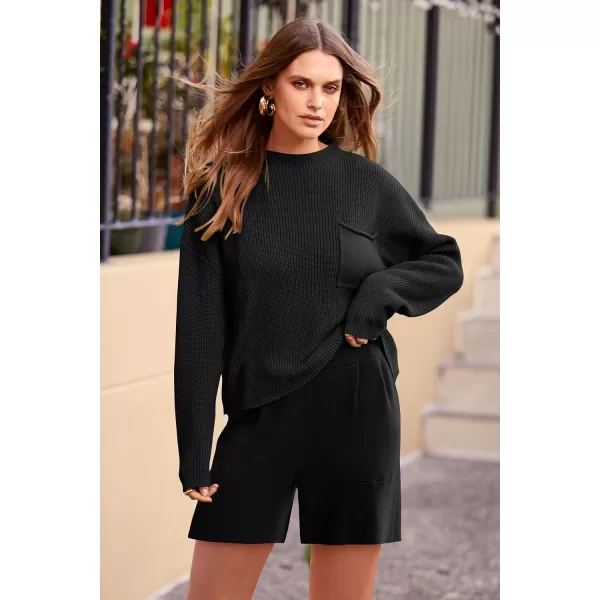 imagePRETTYGARDEN Women 2 Piece Knit Sweater Outfit Long Sleeve Pullover Top Wide Leg Shorts Loungewear Sweatsuits SetBlack