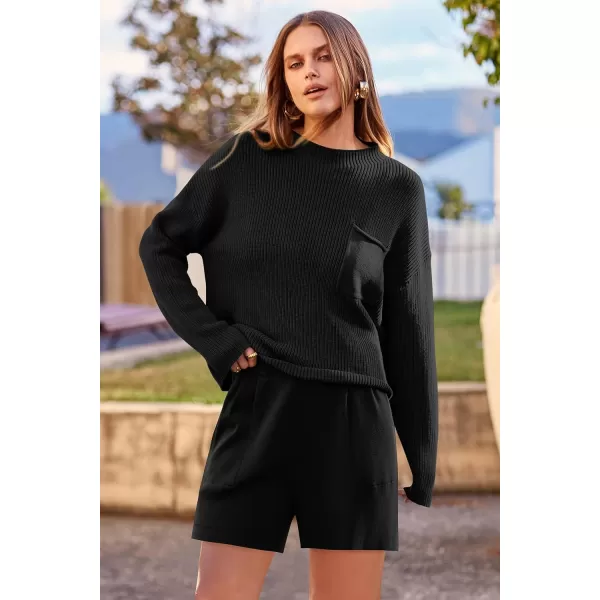 imagePRETTYGARDEN Women 2 Piece Knit Sweater Outfit Long Sleeve Pullover Top Wide Leg Shorts Loungewear Sweatsuits SetBlack