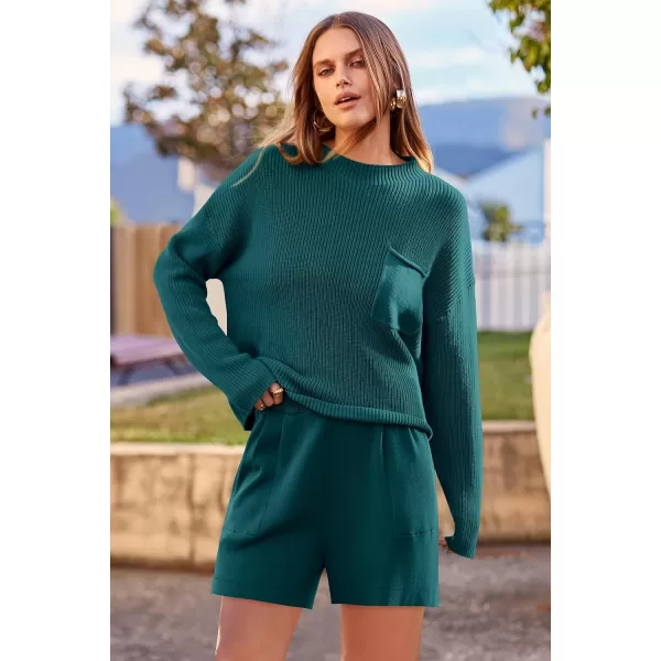 imagePRETTYGARDEN Women 2 Piece Knit Sweater Outfit Long Sleeve Pullover Top Wide Leg Shorts Loungewear Sweatsuits SetBlue Green