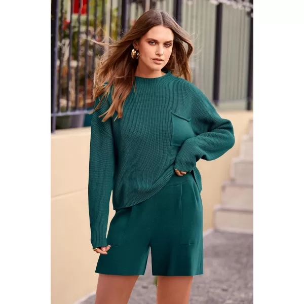 imagePRETTYGARDEN Women 2 Piece Knit Sweater Outfit Long Sleeve Pullover Top Wide Leg Shorts Loungewear Sweatsuits SetBlue Green