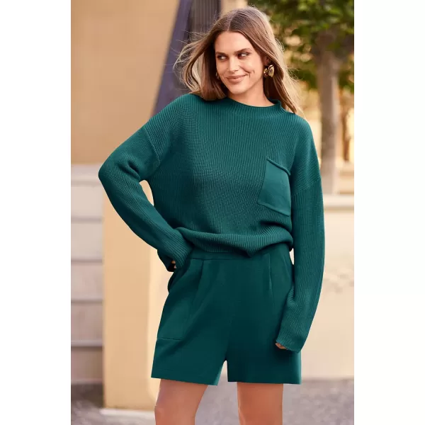imagePRETTYGARDEN Women 2 Piece Knit Sweater Outfit Long Sleeve Pullover Top Wide Leg Shorts Loungewear Sweatsuits SetBlue Green