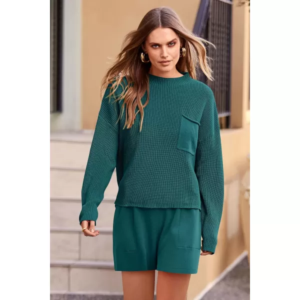 imagePRETTYGARDEN Women 2 Piece Knit Sweater Outfit Long Sleeve Pullover Top Wide Leg Shorts Loungewear Sweatsuits SetBlue Green
