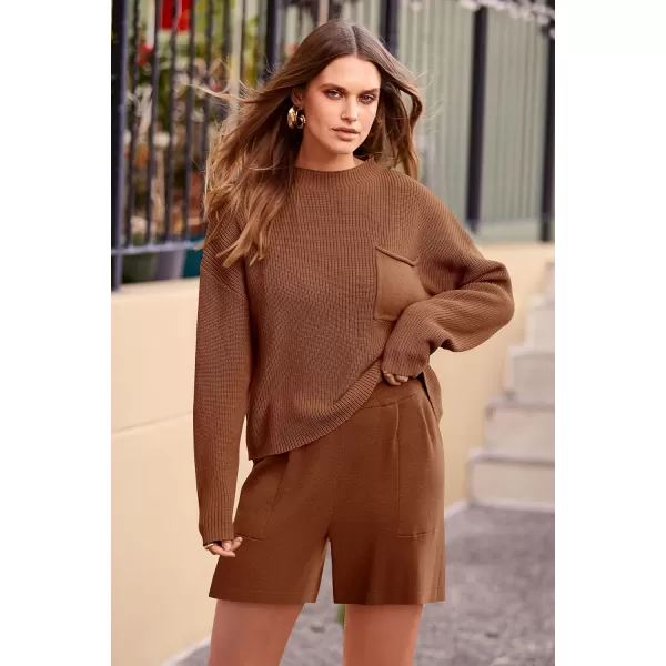 imagePRETTYGARDEN Women 2 Piece Knit Sweater Outfit Long Sleeve Pullover Top Wide Leg Shorts Loungewear Sweatsuits SetBrown