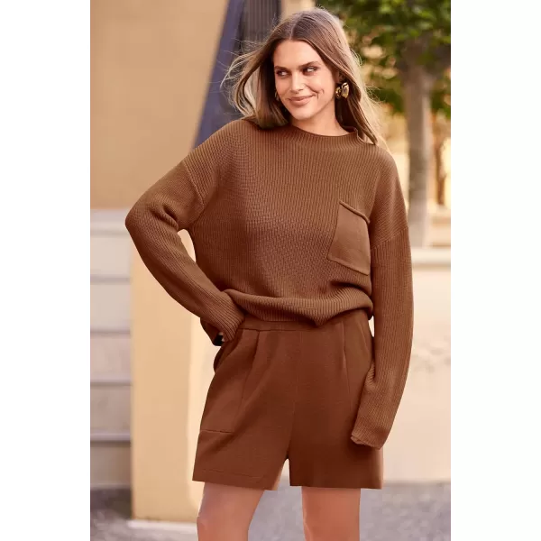 imagePRETTYGARDEN Women 2 Piece Knit Sweater Outfit Long Sleeve Pullover Top Wide Leg Shorts Loungewear Sweatsuits SetBrown