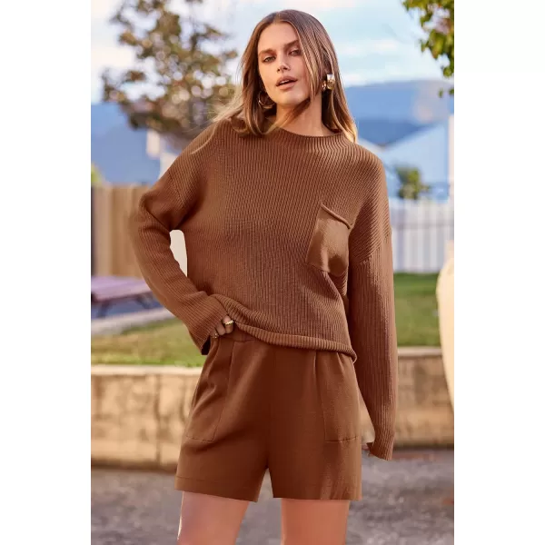 imagePRETTYGARDEN Women 2 Piece Knit Sweater Outfit Long Sleeve Pullover Top Wide Leg Shorts Loungewear Sweatsuits SetBrown